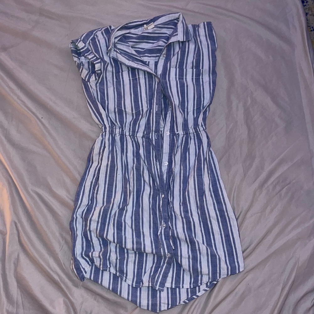 Blue & White stripe tie in front dress